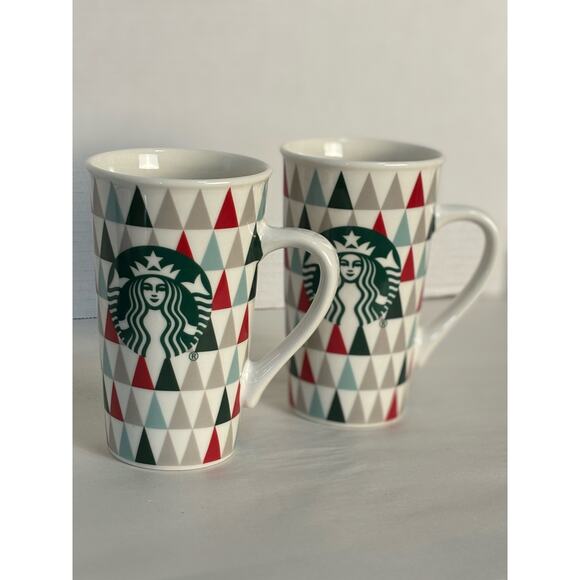 STARBUCKS (2) Tall Coffee/Tea/Cocoa Mugs Holiday/Christmas Tree Triangles 16 oz - Picture 1 of 4